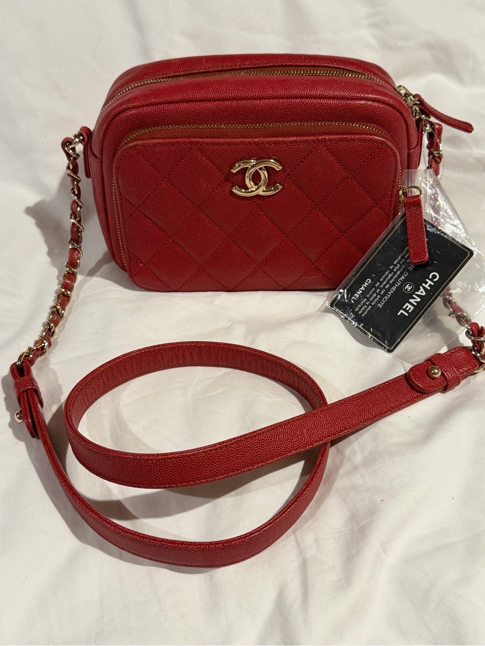CHANEL Red Quilted Leather Camera Crossbody with Gold Hardware
